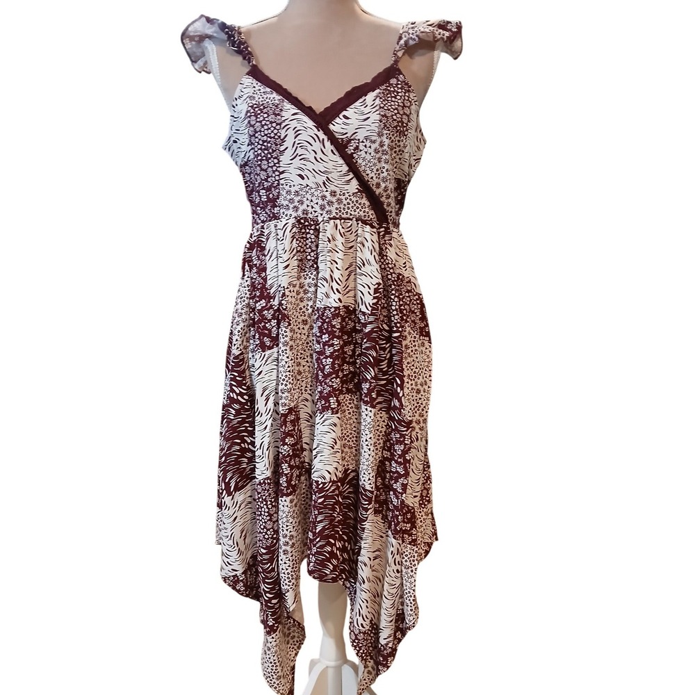 Burgundy Medium Cream Patchwork Handkerchief Hem Midi Dress Ruffle Strap Lace